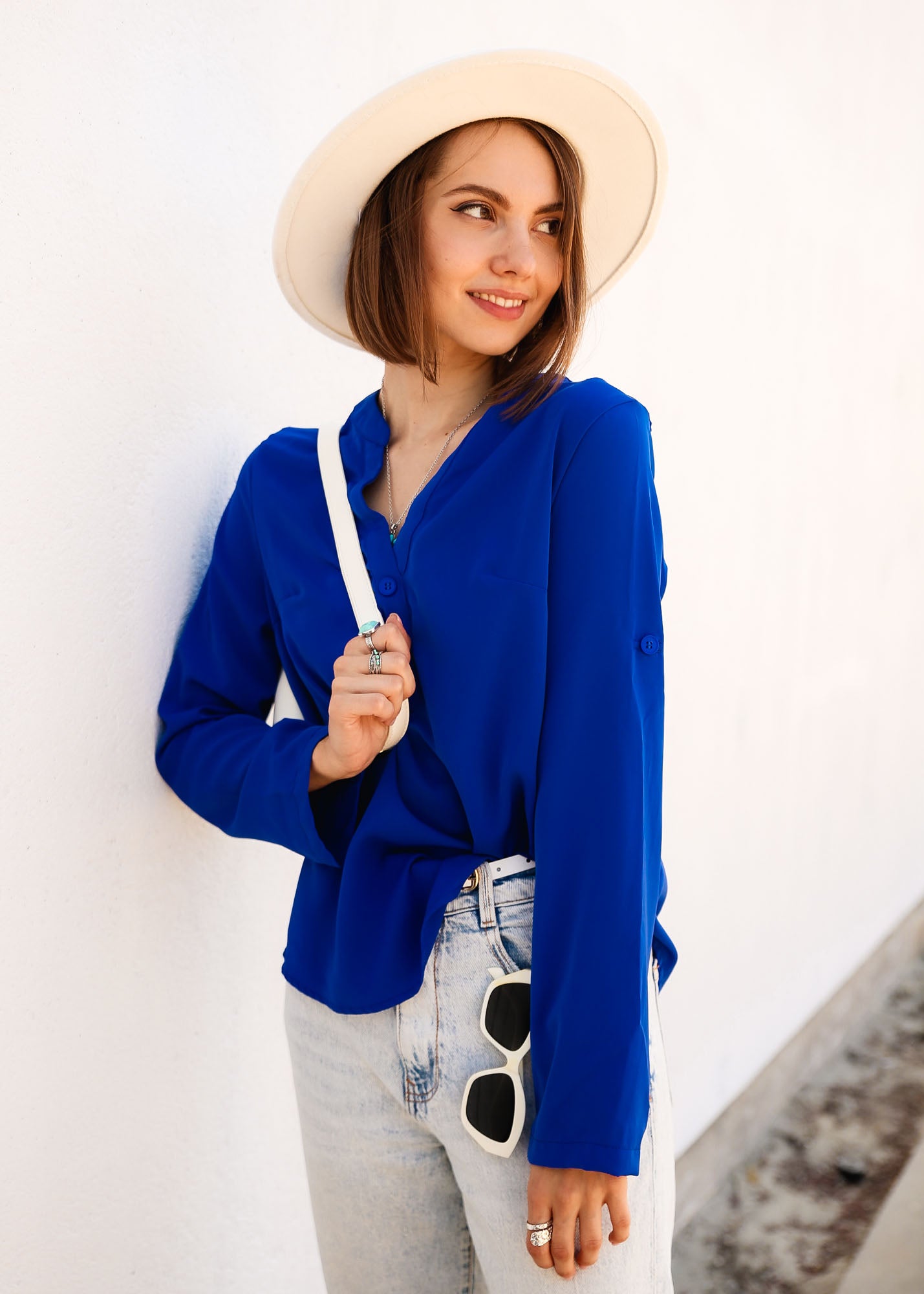 Roll Tab Sleeve Half Button Royal Blue Blouse