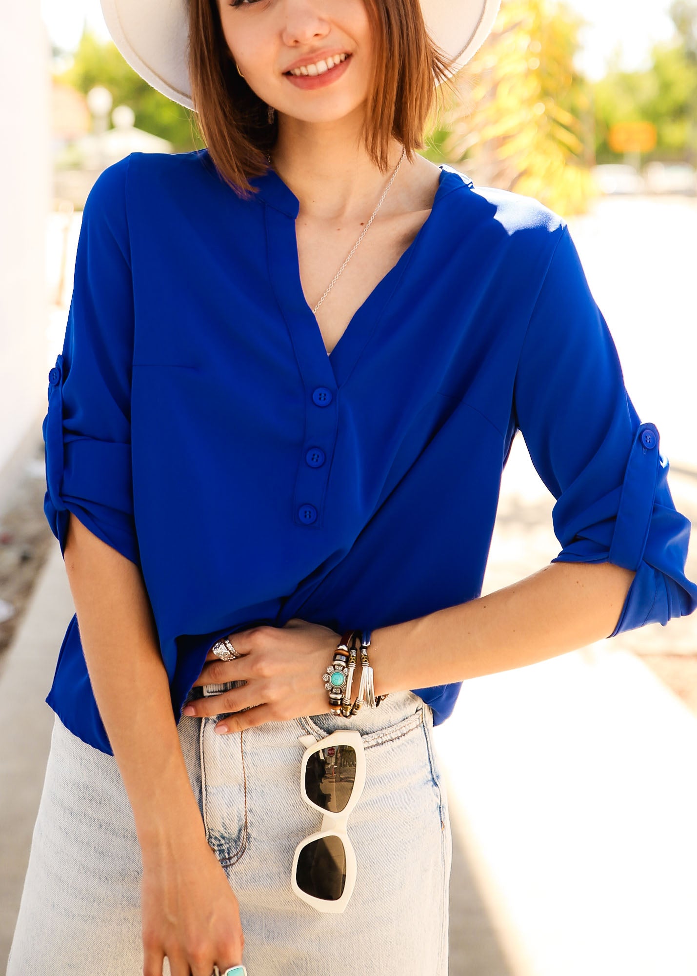 Roll Tab Sleeve Half Button Royal Blue Blouse