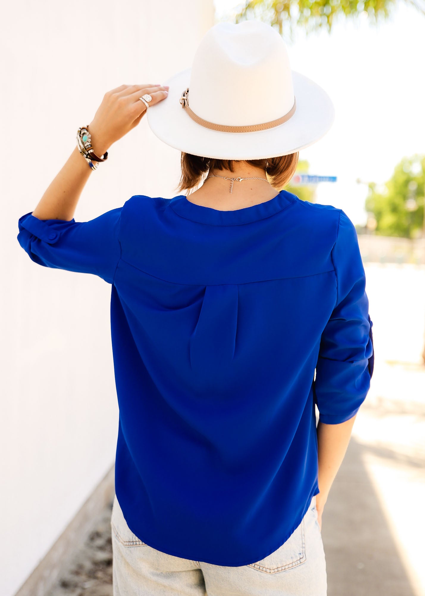 Roll Tab Sleeve Half Button Royal Blue Blouse