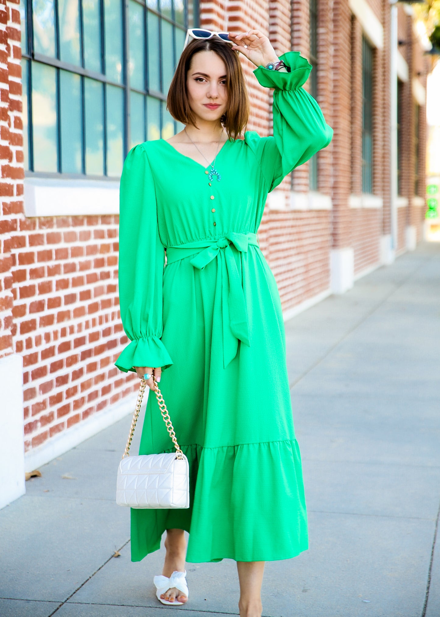 Puffed Sleeve Ruffle Hem Belted Green Dress