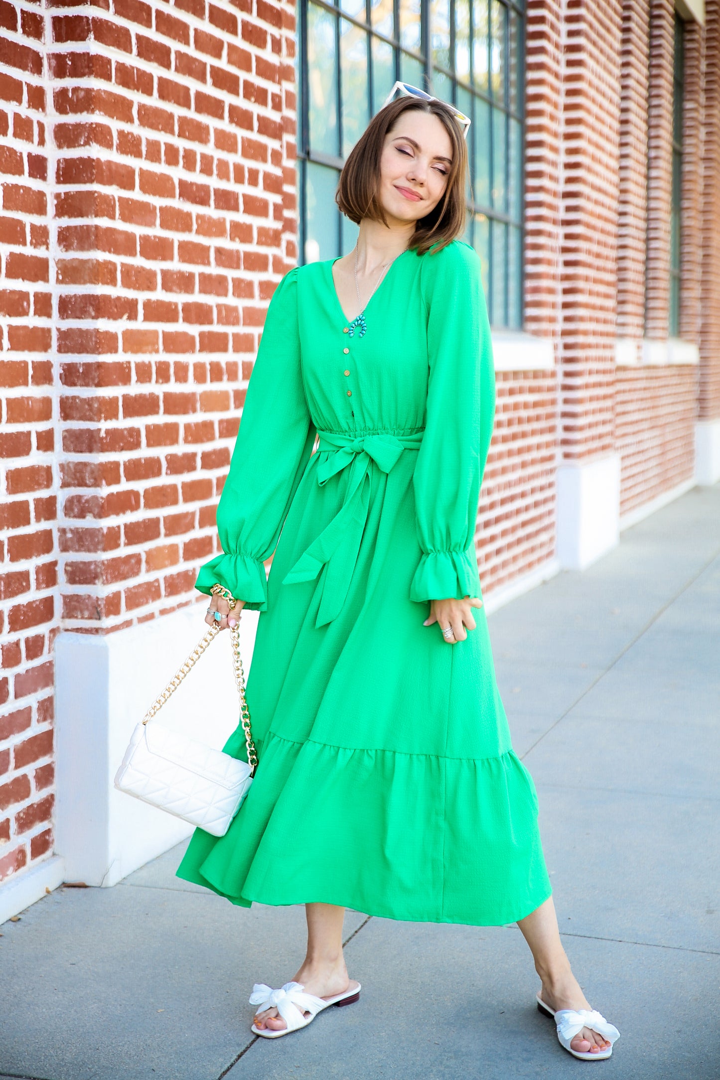 Puffed Sleeve Ruffle Hem Belted Green Dress