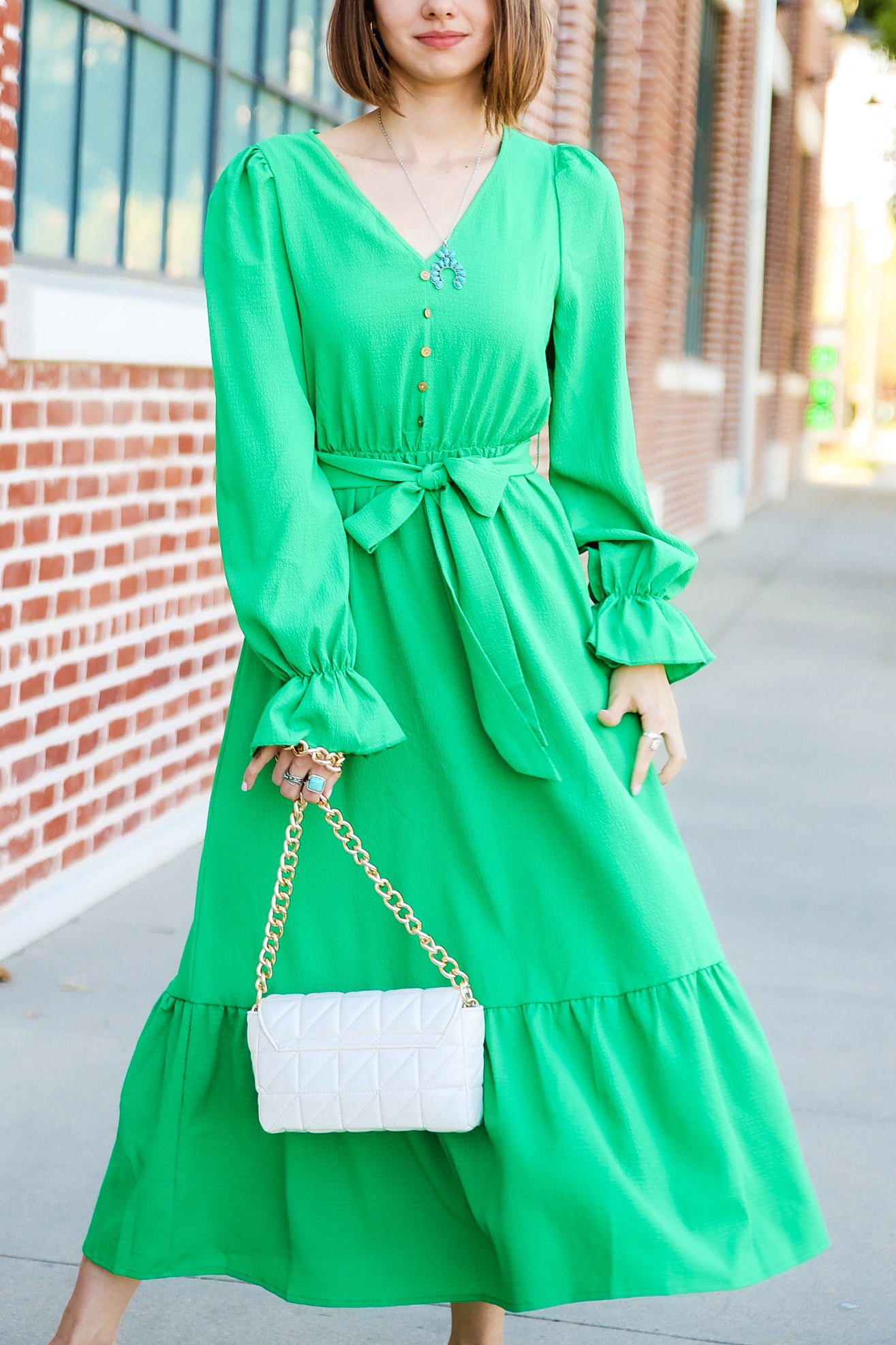 Puffed Sleeve Ruffle Hem Belted Green Dress