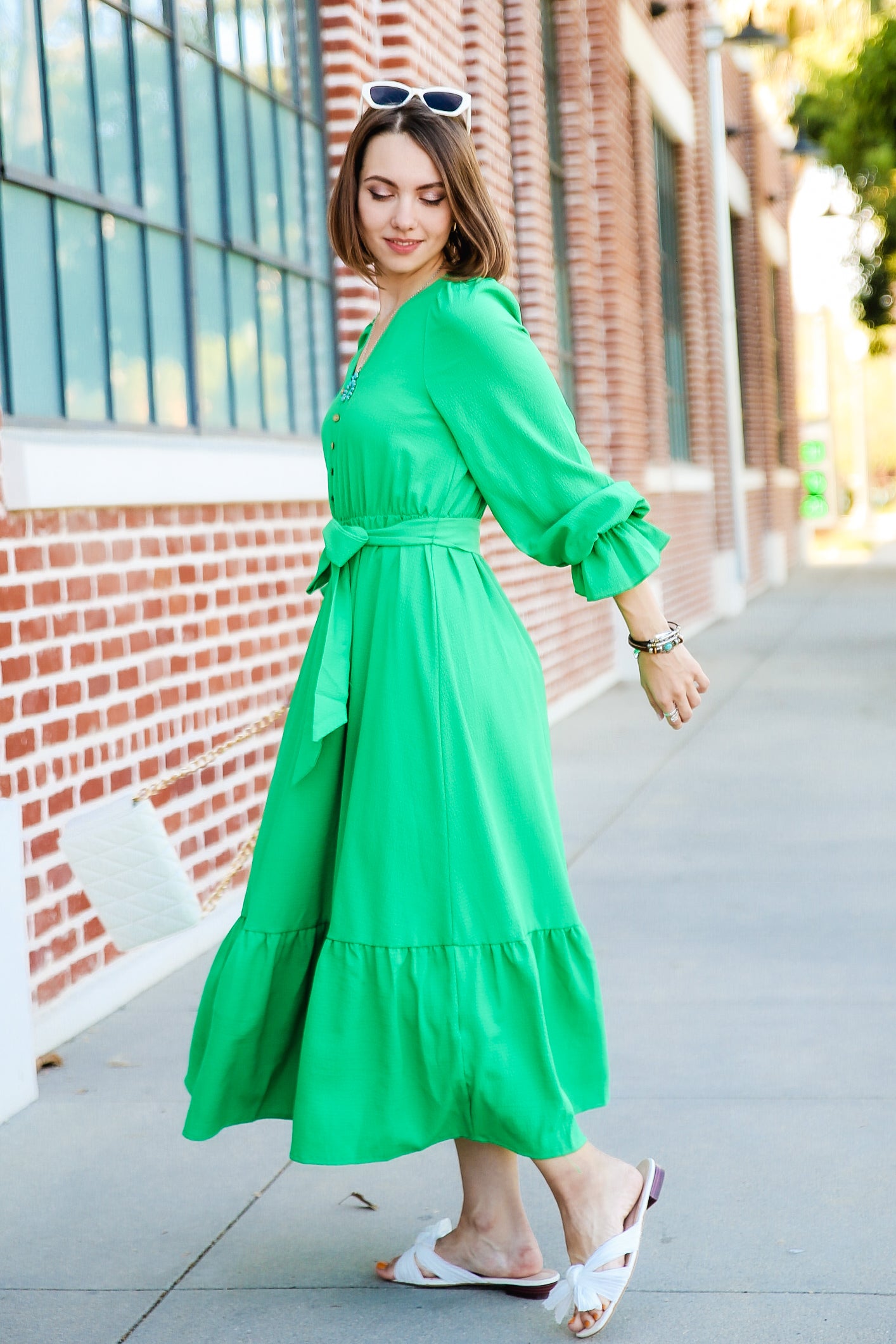 Puffed Sleeve Ruffle Hem Belted Green Dress