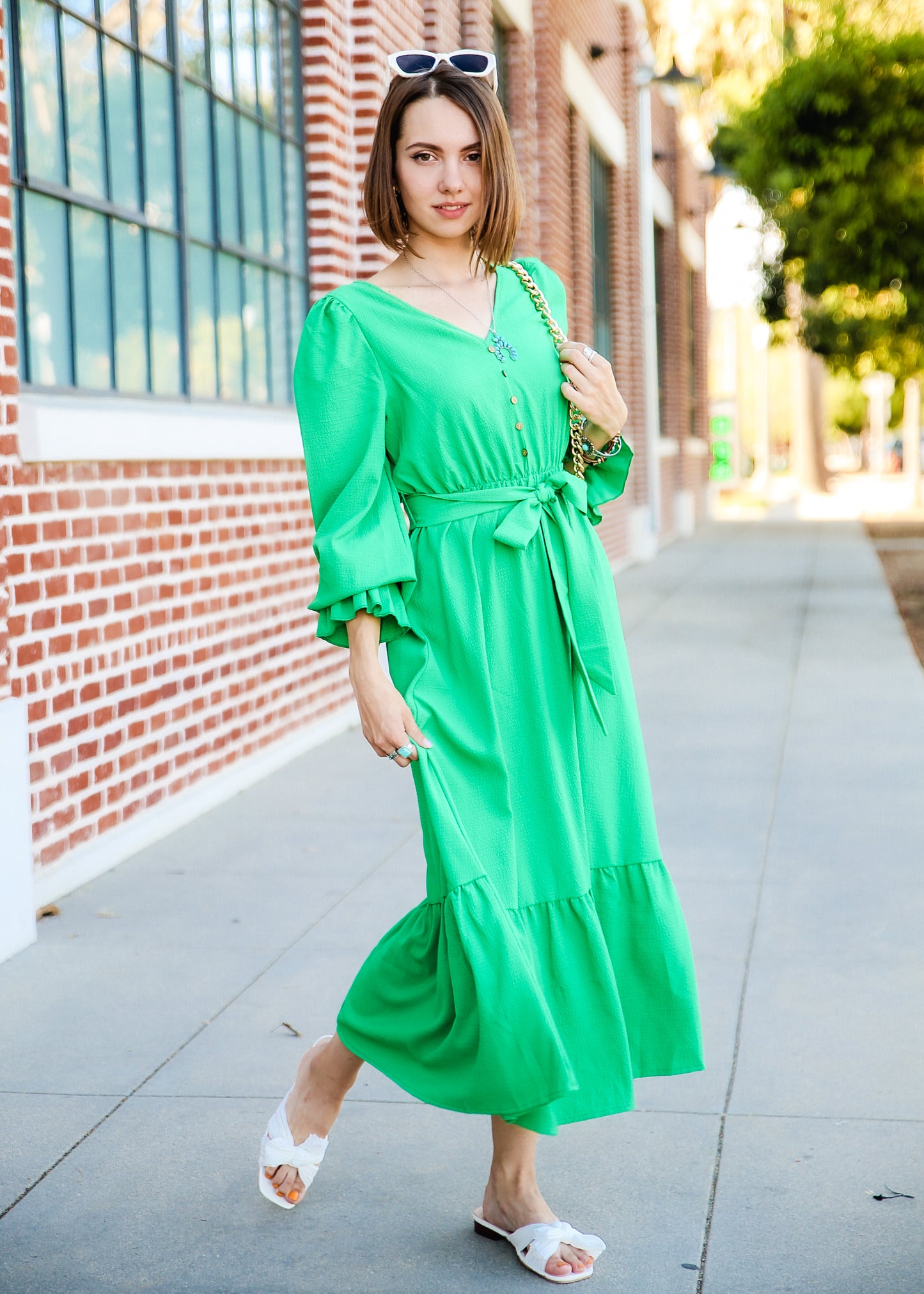 Puffed Sleeve Ruffle Hem Belted Green Dress