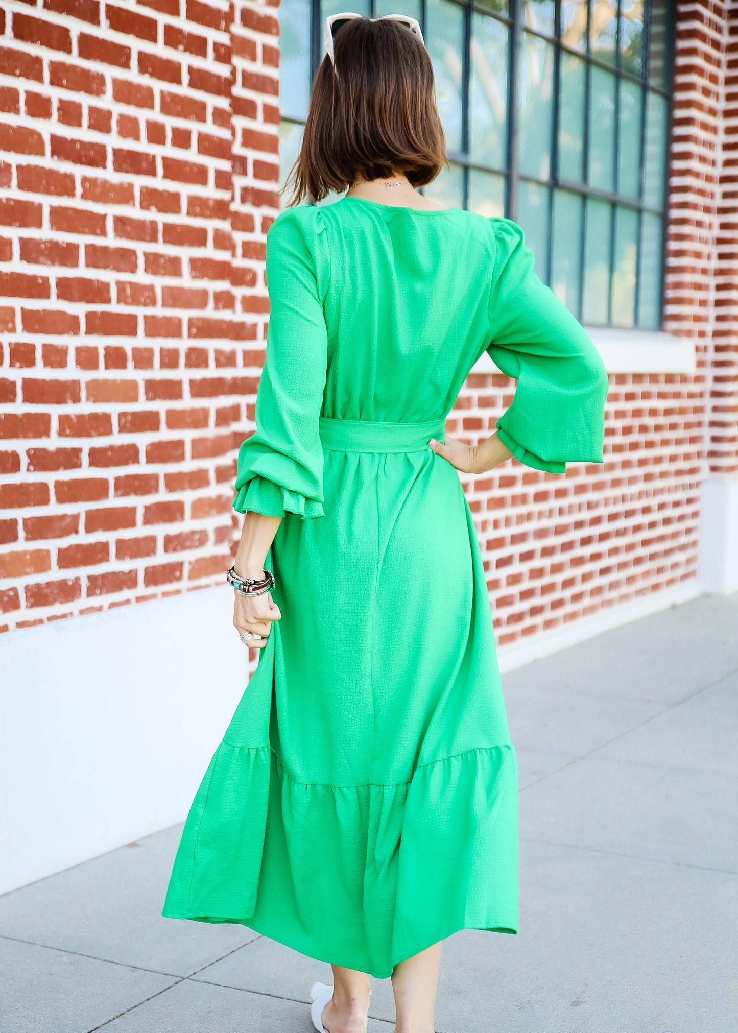 Puffed Sleeve Ruffle Hem Belted Green Dress