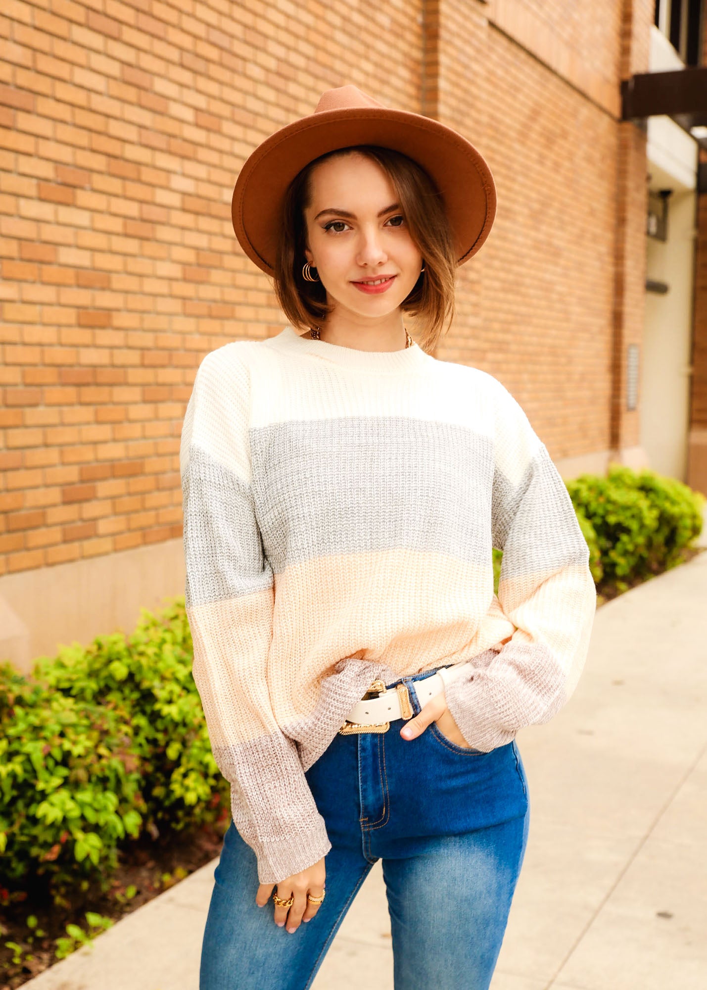 Color Block Stripe Drop Shoulder Long Sleeve Sweater