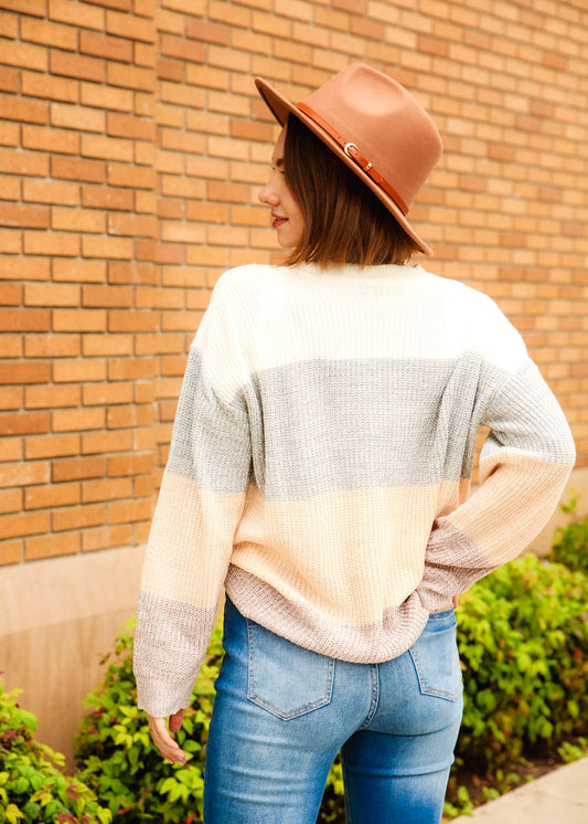 Color Block Stripe Drop Shoulder Long Sleeve Sweater