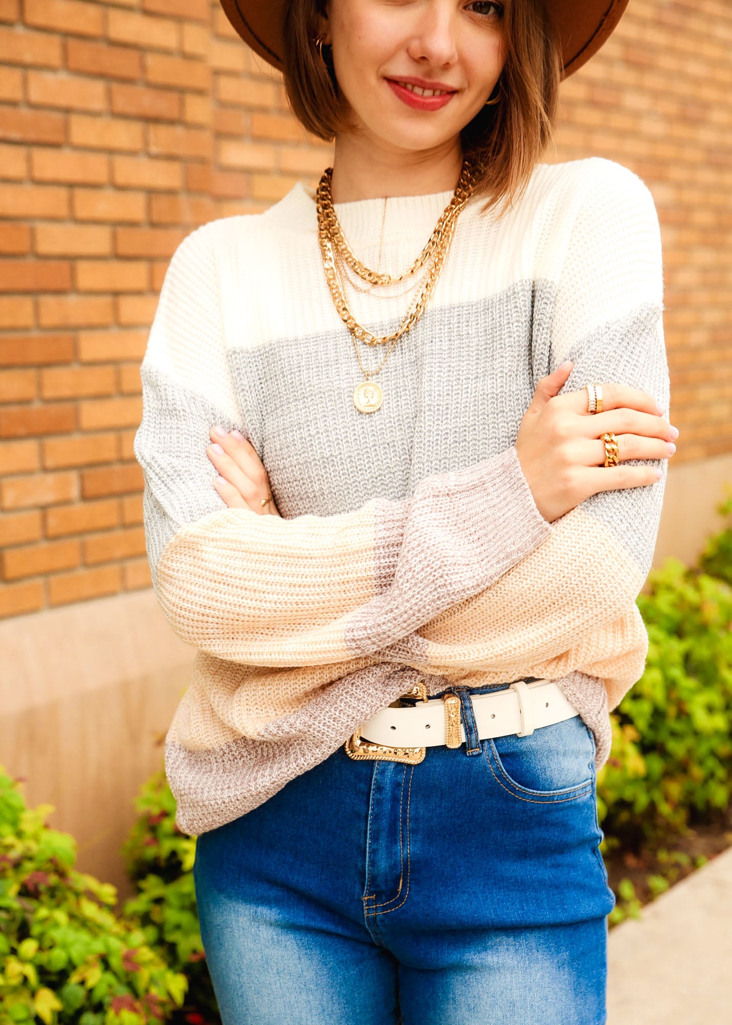 Color Block Stripe Drop Shoulder Long Sleeve Sweater