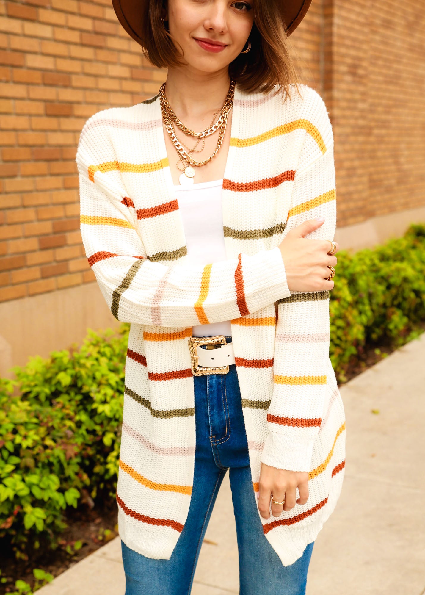 Drop Shoulder Striped Long Sleeve Cardigan