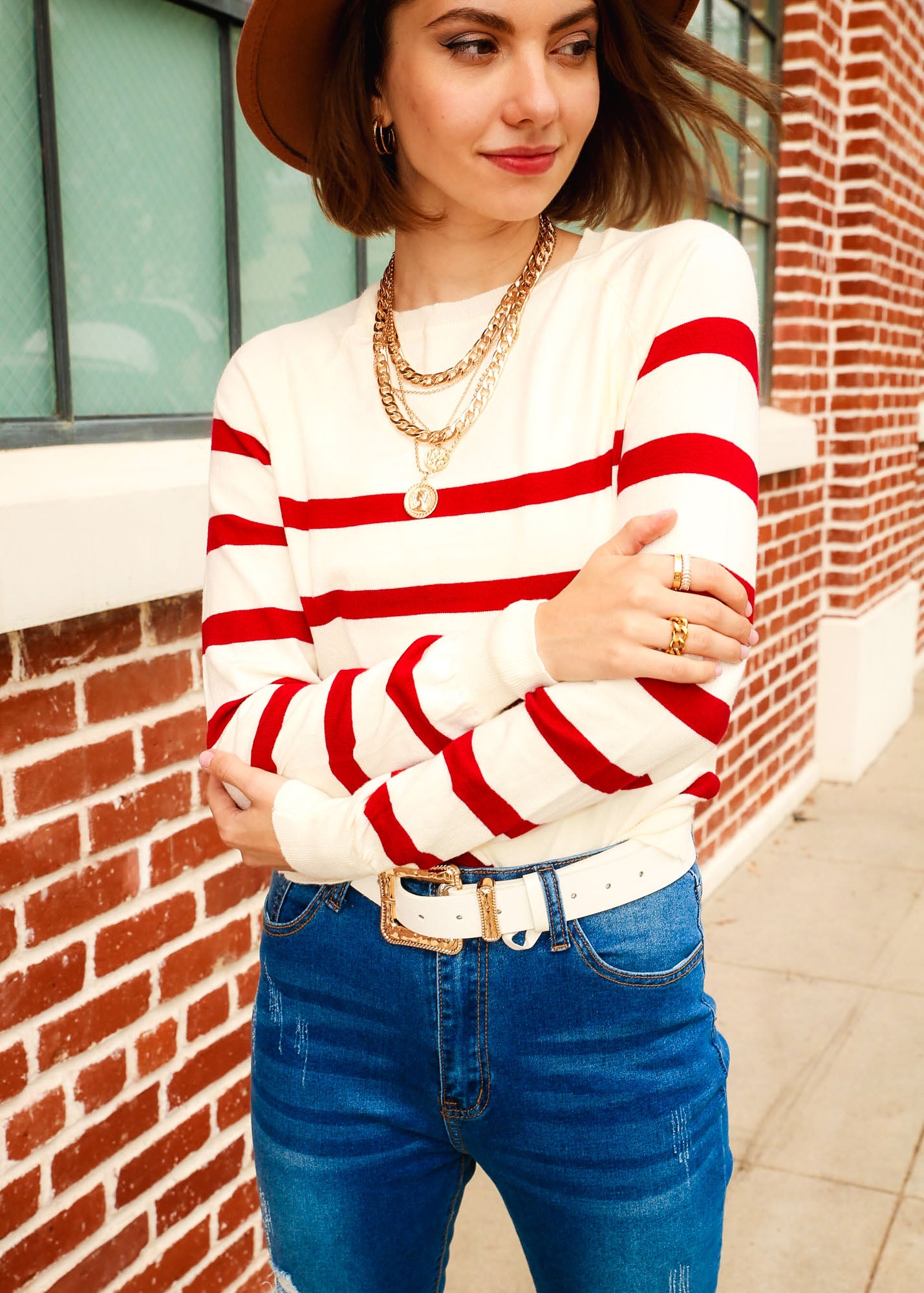 Striped Pattern Raglan Long Sleeve Sweater