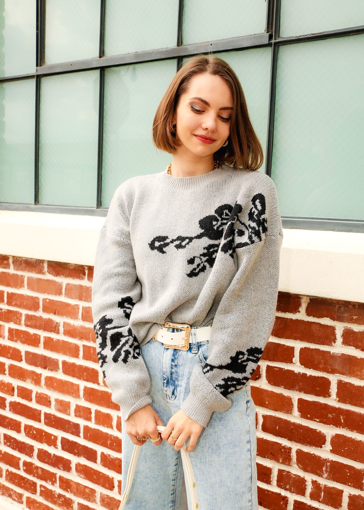 Floral Pattern Drop Shoulder Long Sleeve Boxy Sweater