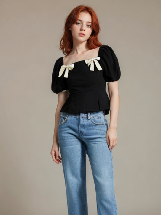 Bow Front Detail Square Neck Puffed Sleeve Blouse