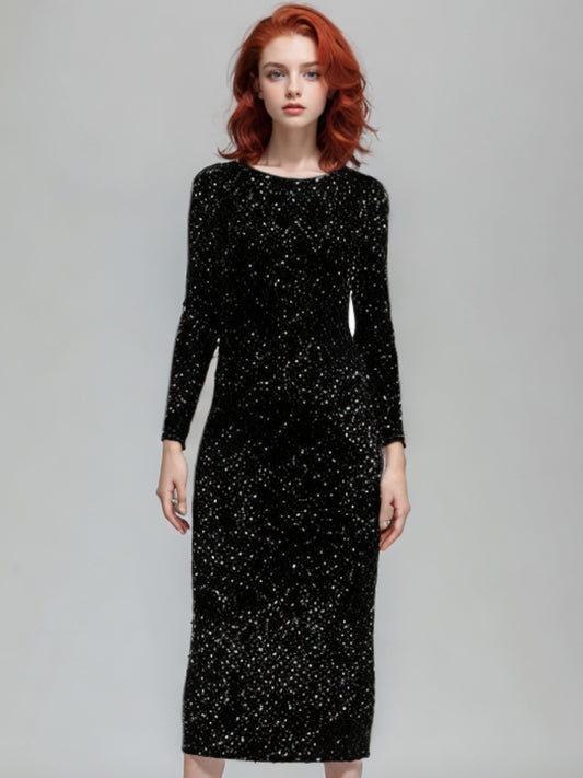 Scoop Back Bow Back Sequin Long Sleeve Fitted Dress