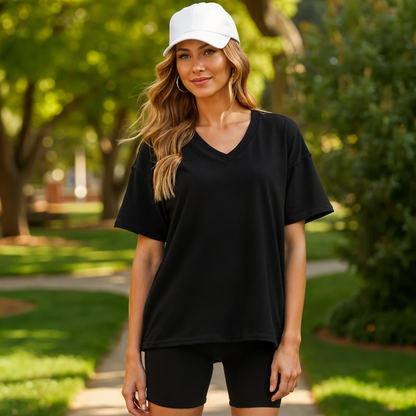 Two-Piece Lounge Set with Oversized V-Neck Top and Bike Shorts