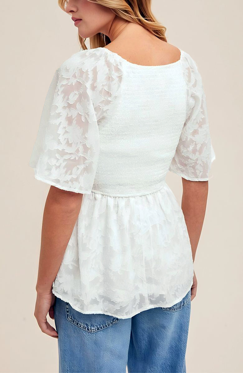 Textured Chiffon Peplum Top with Smocked Bodice and Flutter Sleeves