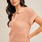Short Sleeve Collared Pointelle Knit Top with Open Stitch Detailing