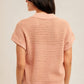 Short Sleeve Collared Pointelle Knit Top with Open Stitch Detailing