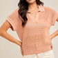 Short Sleeve Collared Pointelle Knit Top with Open Stitch Detailing