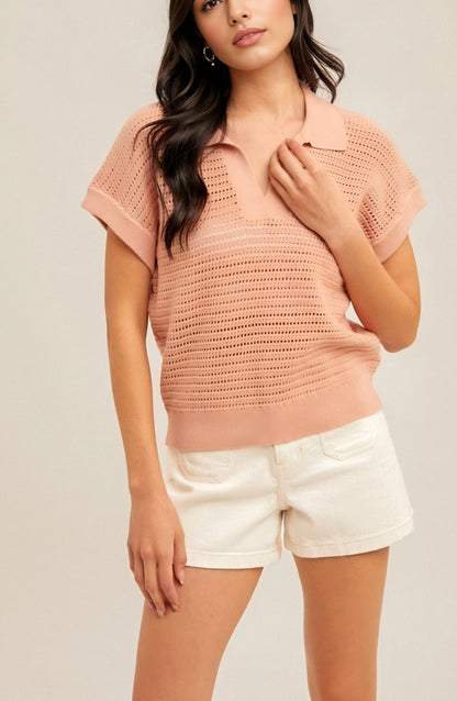 Short Sleeve Collared Pointelle Knit Top with Open Stitch Detailing