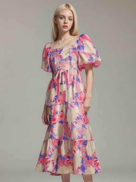Tropical Bright Ruffle Tier Maxi Puffed Short Sleeve Dress