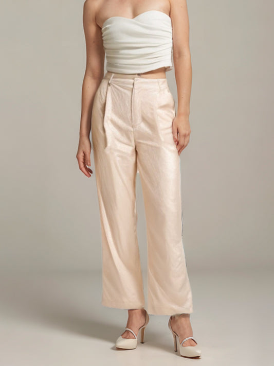 Blush Pink Sequin Tailored Pleated Straight Leg Pants