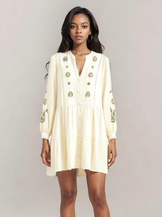 Notched V-Neck Embroidered Tunic Textured Ruffle Dress