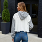 Raw Edge Cropped Hooded Denim Jacket with Contrast Sleeves