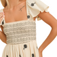 Cream Smocked Bodice Midi Dress with Delicate Black Floral Accents