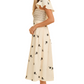 Cream Smocked Bodice Midi Dress with Delicate Black Floral Accents