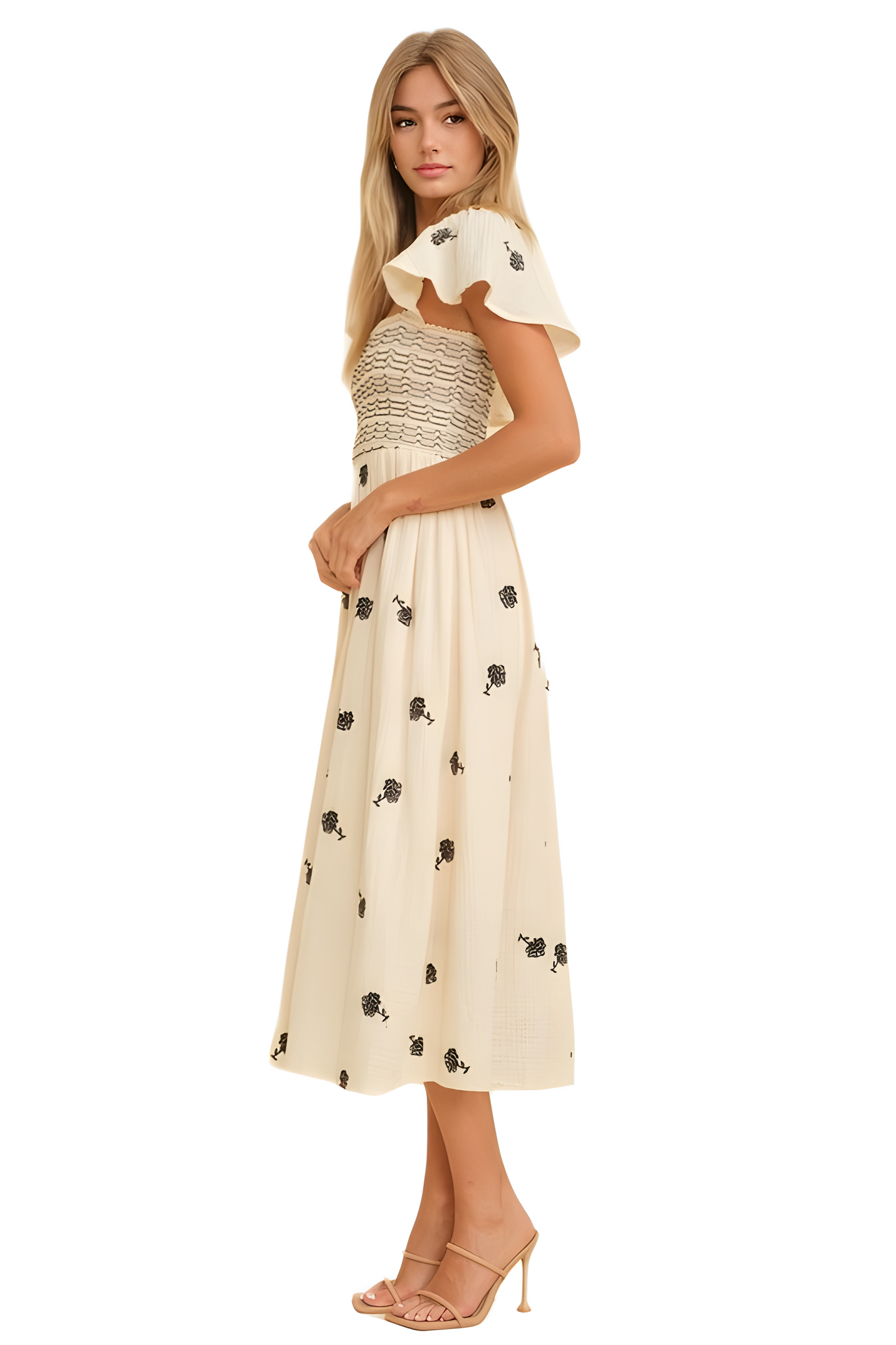 Cream Smocked Bodice Midi Dress with Delicate Black Floral Accents