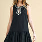 Sleeveless Mini Dress with Keyhole Front Cream Embroidery Drop Waist Hem and Flowy Silhouette