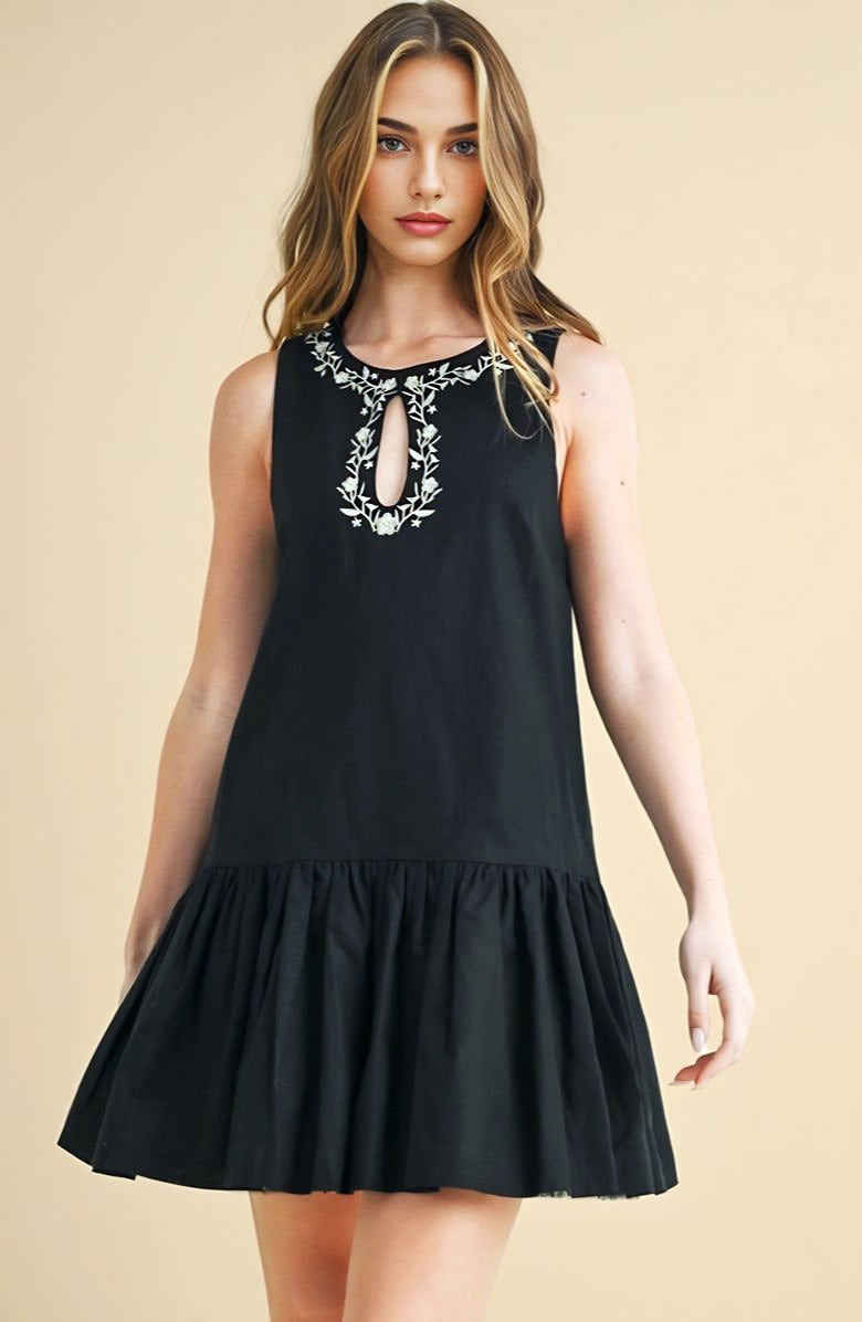 Sleeveless Mini Dress with Keyhole Front Cream Embroidery Drop Waist Hem and Flowy Silhouette