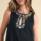 Sleeveless Mini Dress with Keyhole Front Cream Embroidery Drop Waist Hem and Flowy Silhouette