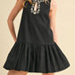 Sleeveless Mini Dress with Keyhole Front Cream Embroidery Drop Waist Hem and Flowy Silhouette