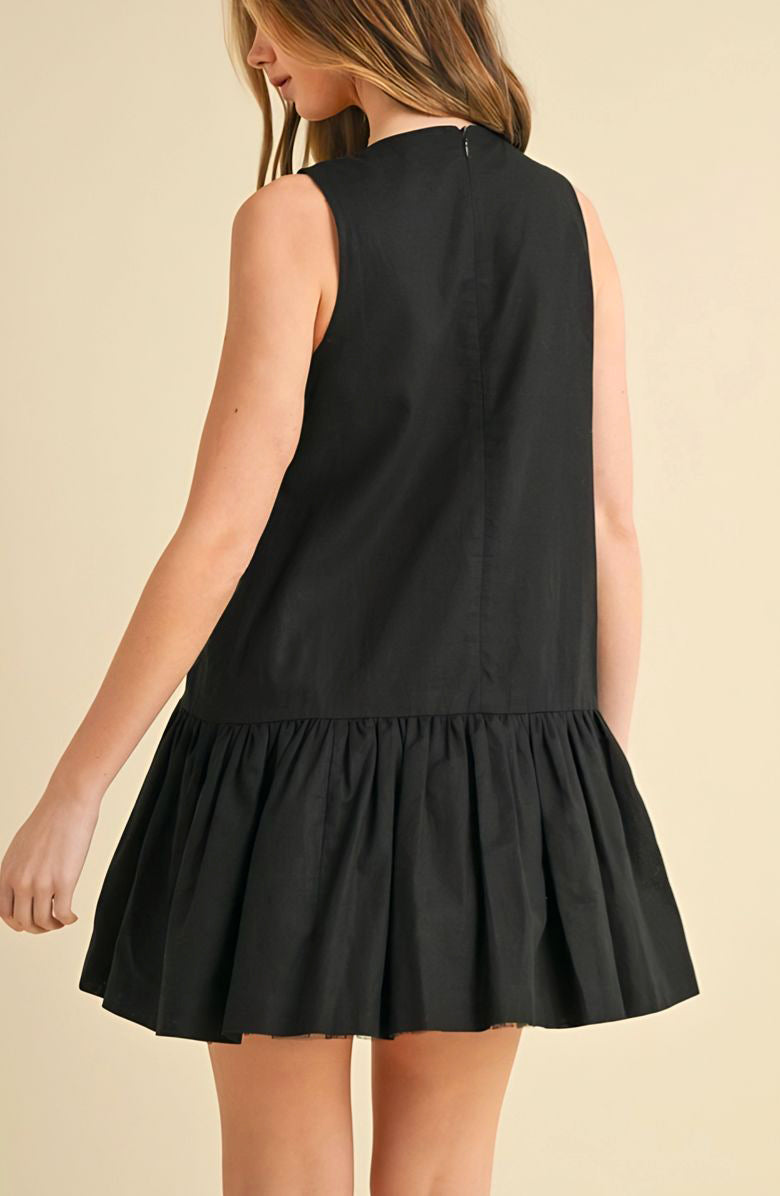 Sleeveless Mini Dress with Keyhole Front Cream Embroidery Drop Waist Hem and Flowy Silhouette