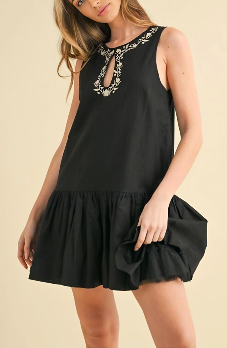 Sleeveless Mini Dress with Keyhole Front Cream Embroidery Drop Waist Hem and Flowy Silhouette