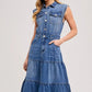Sleeveless Tiered Denim Midi Dress with Button Front Collar Utility Pockets