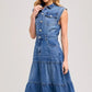 Sleeveless Tiered Denim Midi Dress with Button Front Collar Utility Pockets