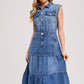 Sleeveless Tiered Denim Midi Dress with Button Front Collar Utility Pockets