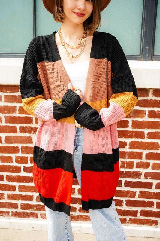 Color Block Drop Shoulder Open Front Cardigan