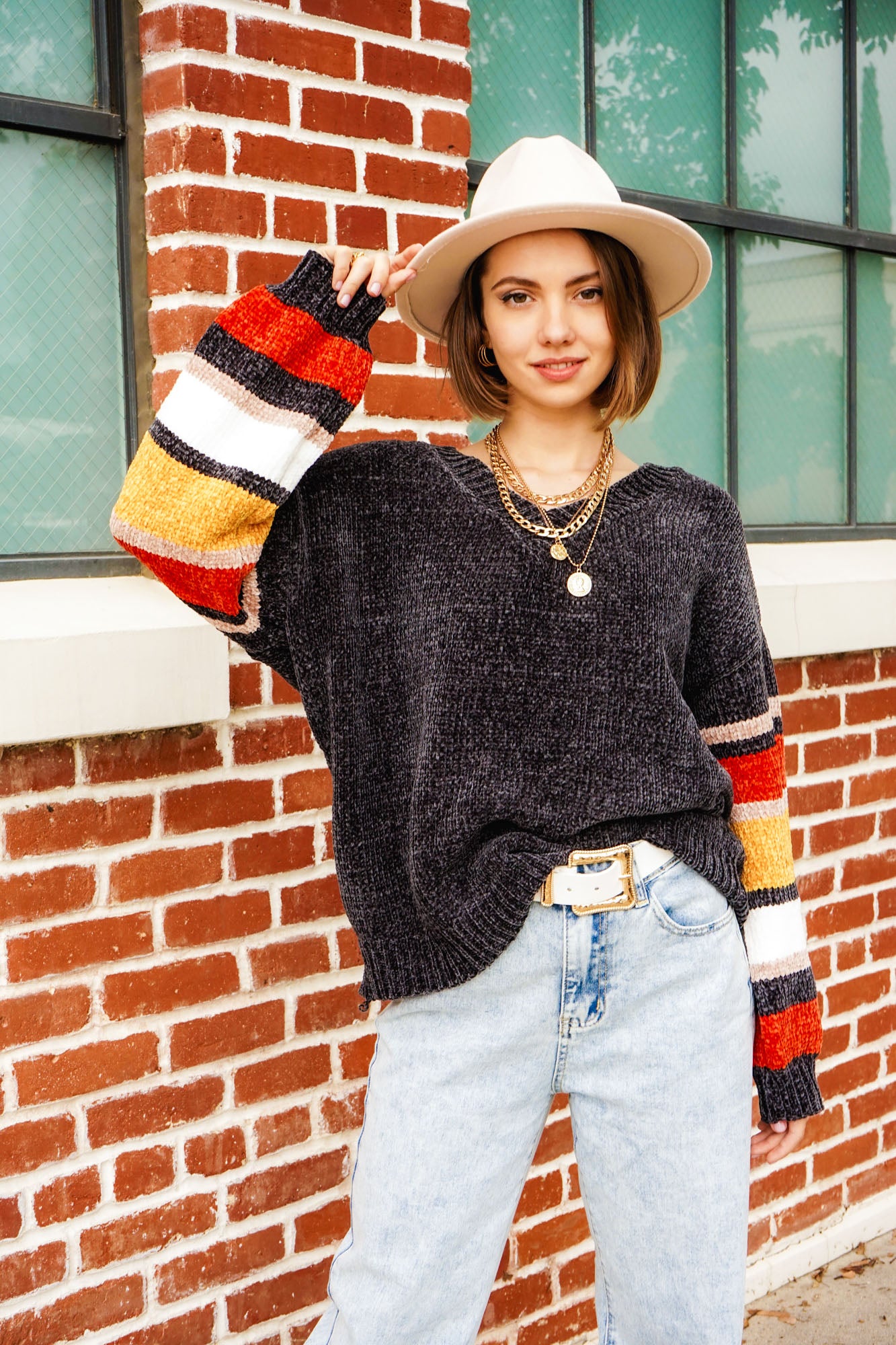 Color Block Drop Soft Chenille Shoulder V-Neck Sweater