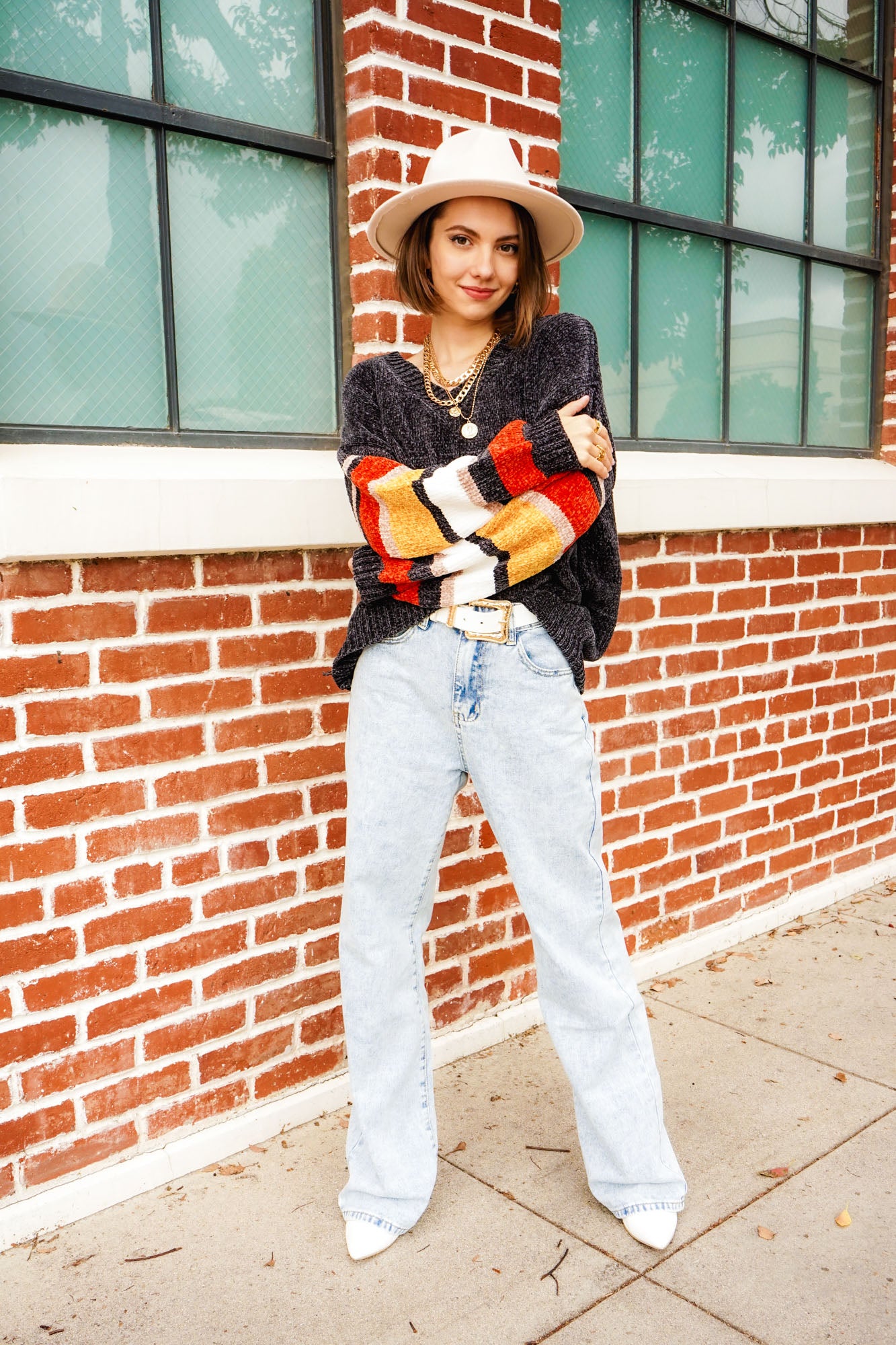 Color Block Drop Soft Chenille Shoulder V-Neck Sweater