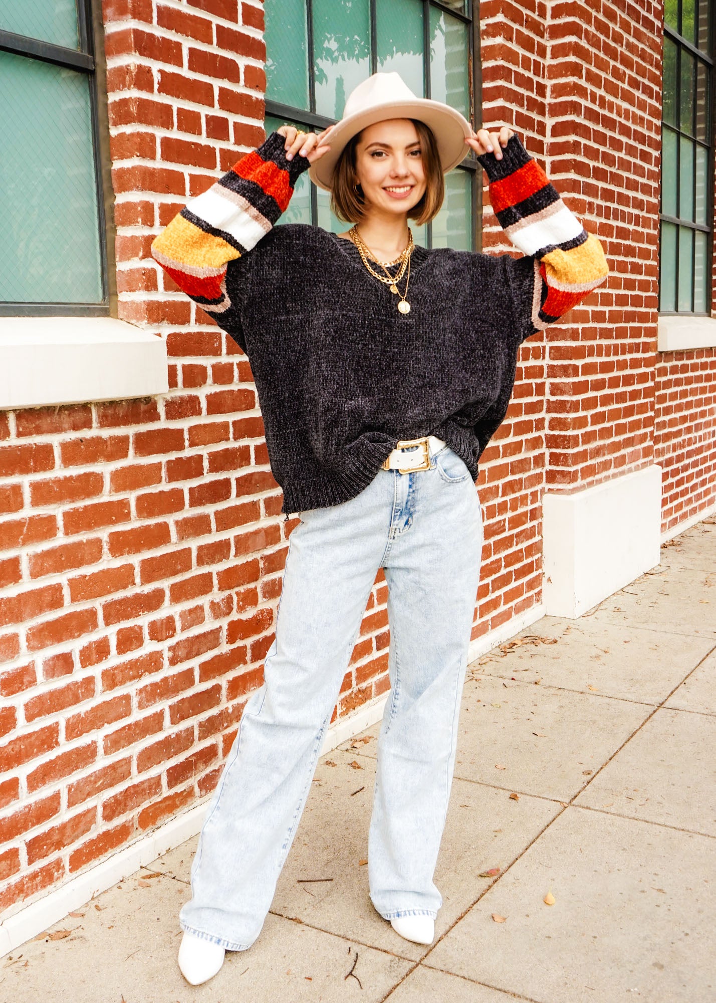 Color Block Drop Soft Chenille Shoulder V-Neck Sweater