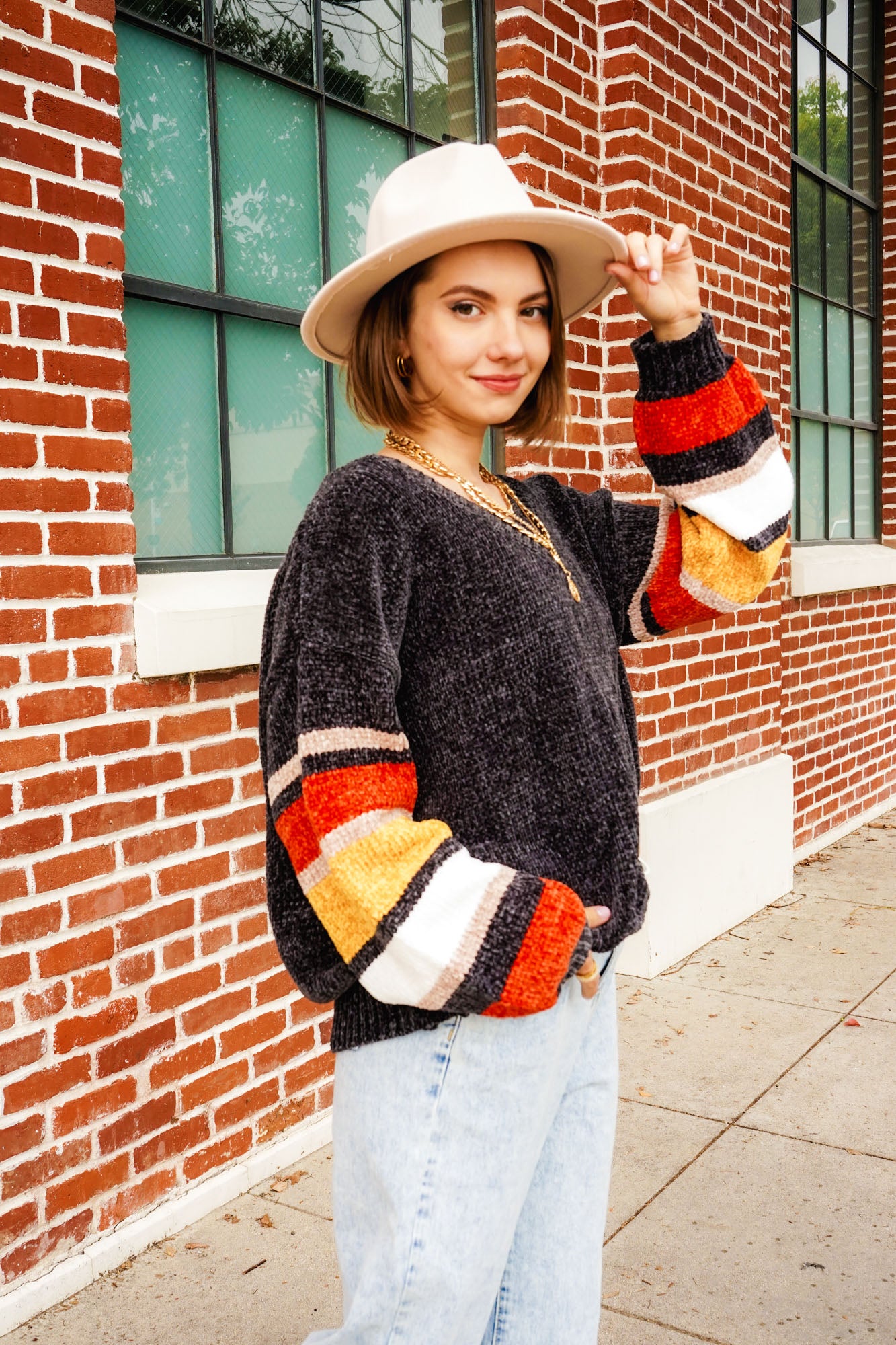 Color Block Drop Soft Chenille Shoulder V-Neck Sweater