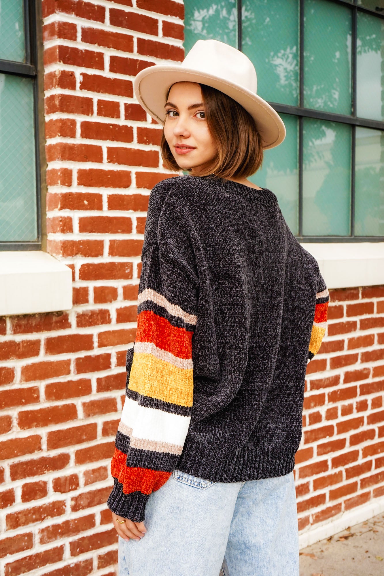 Color Block Drop Soft Chenille Shoulder V-Neck Sweater