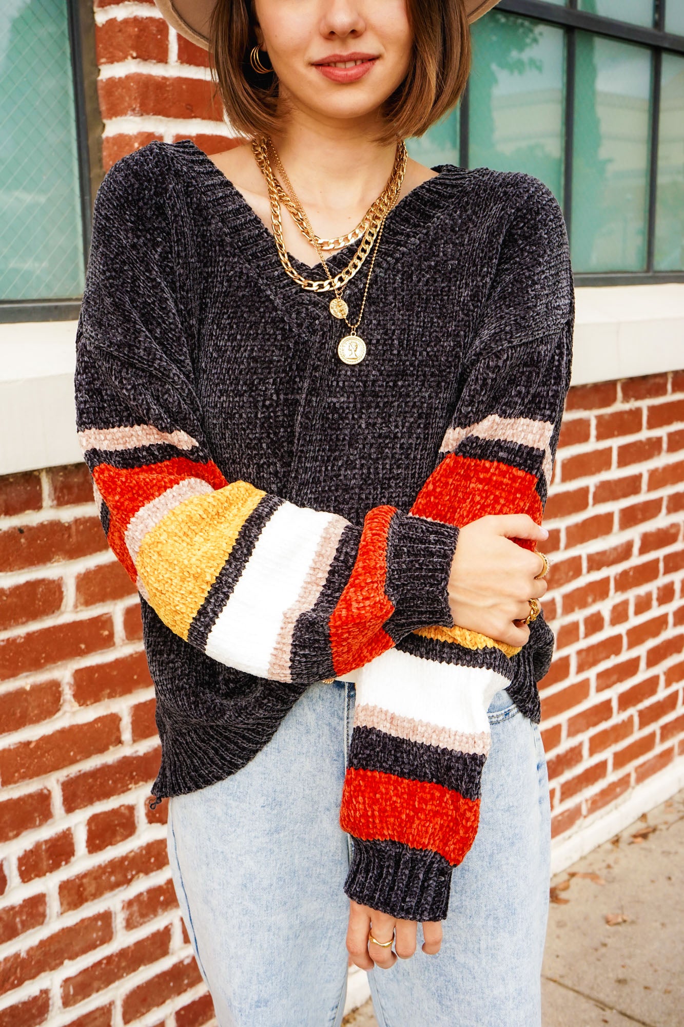 Color Block Drop Soft Chenille Shoulder V-Neck Sweater