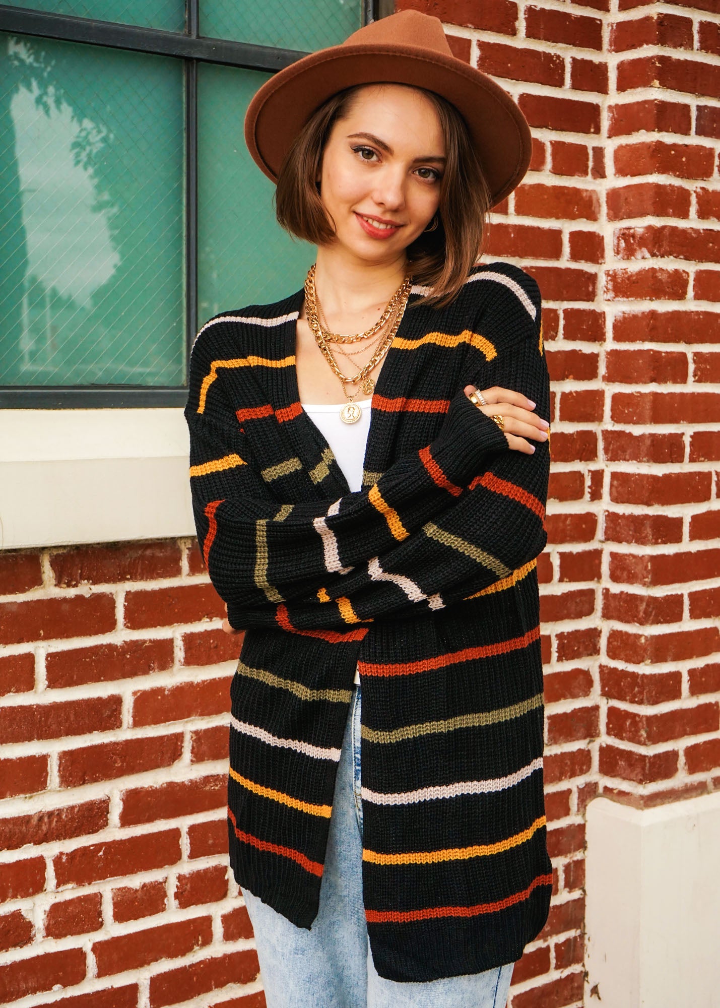 Drop Shoulder Striped Long Sleeve Cardigan