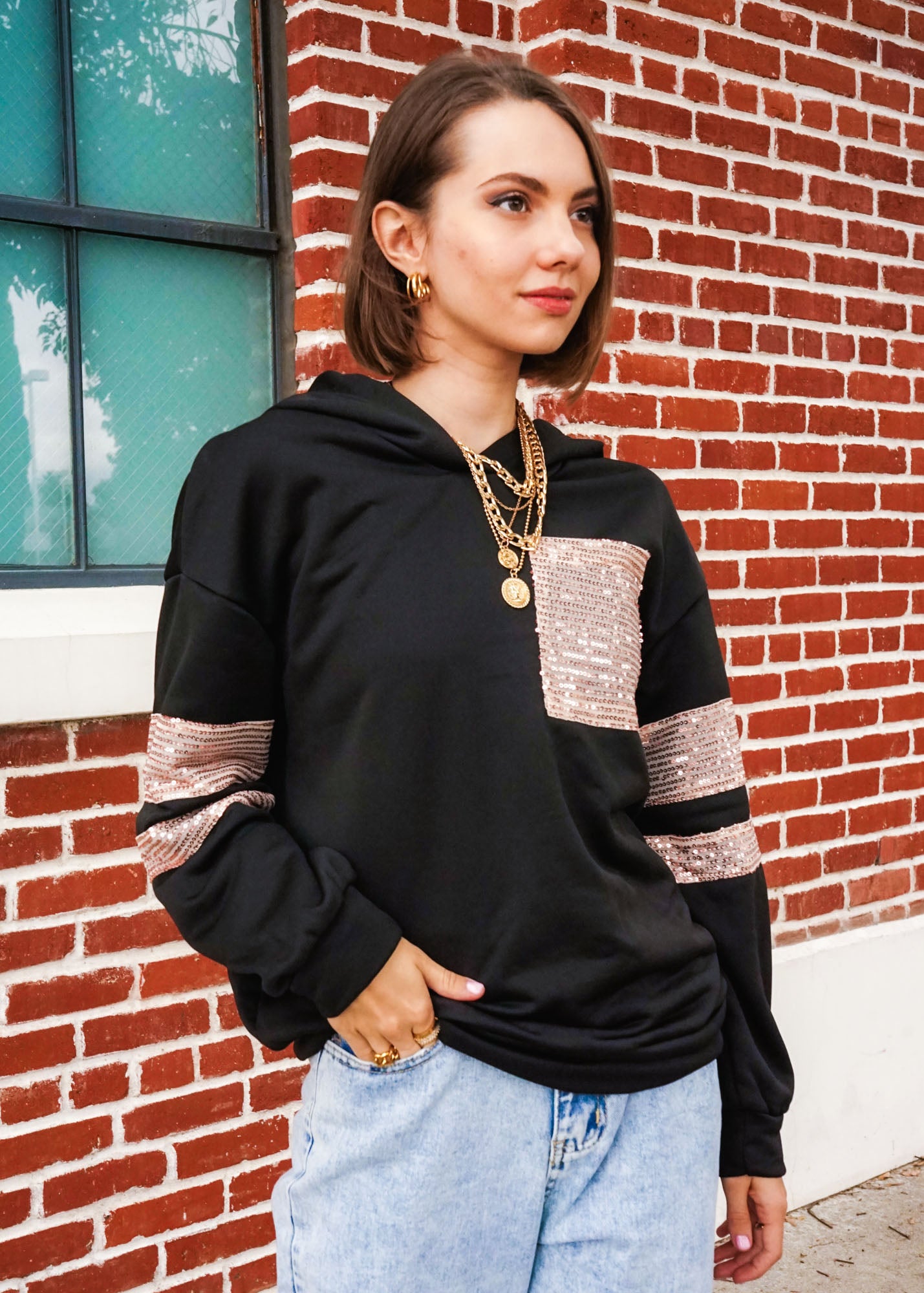 Contrast Sequin Patched Pocket Drop Shoulder Hooded Sweatshirt