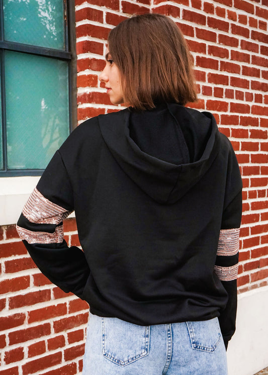 Contrast Sequin Patched Pocket Drop Shoulder Hooded Sweatshirt