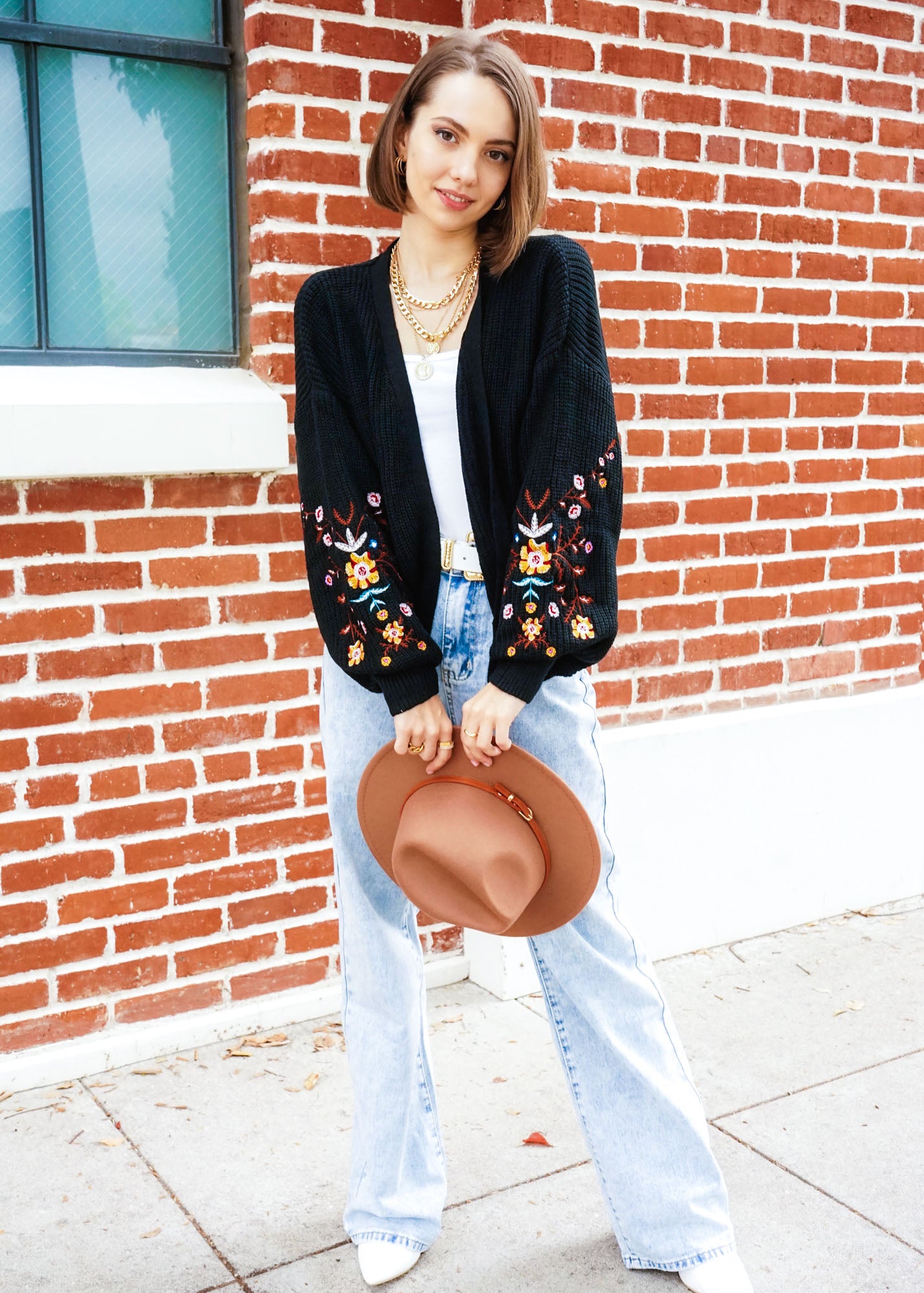 Floral Embroidery Bishop Sleeve Open Front Cardigan